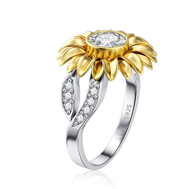 Anello in argento sterling con zirconi cubici bicolore e girasole-2