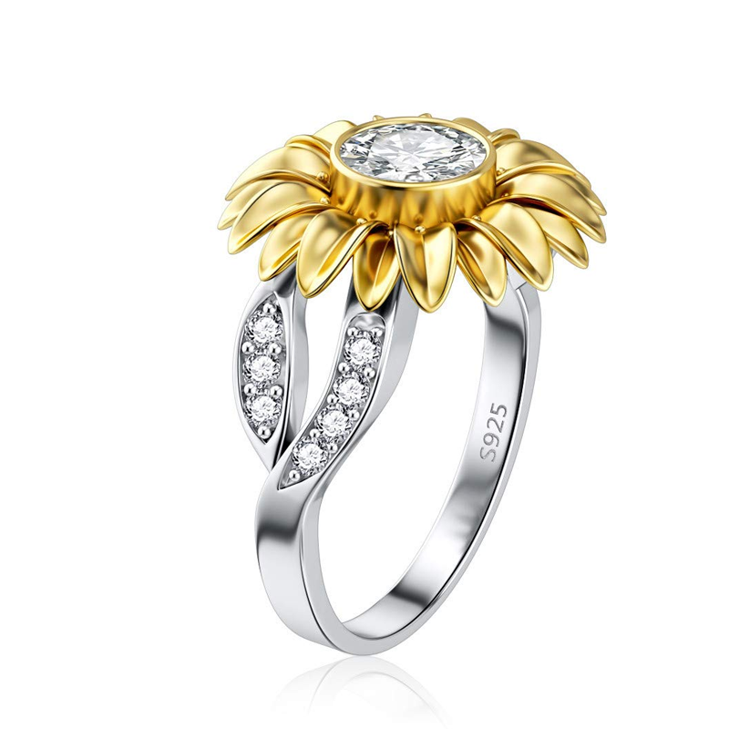 Anillo de plata de ley con girasol y circonita cúbica de dos tonos-2