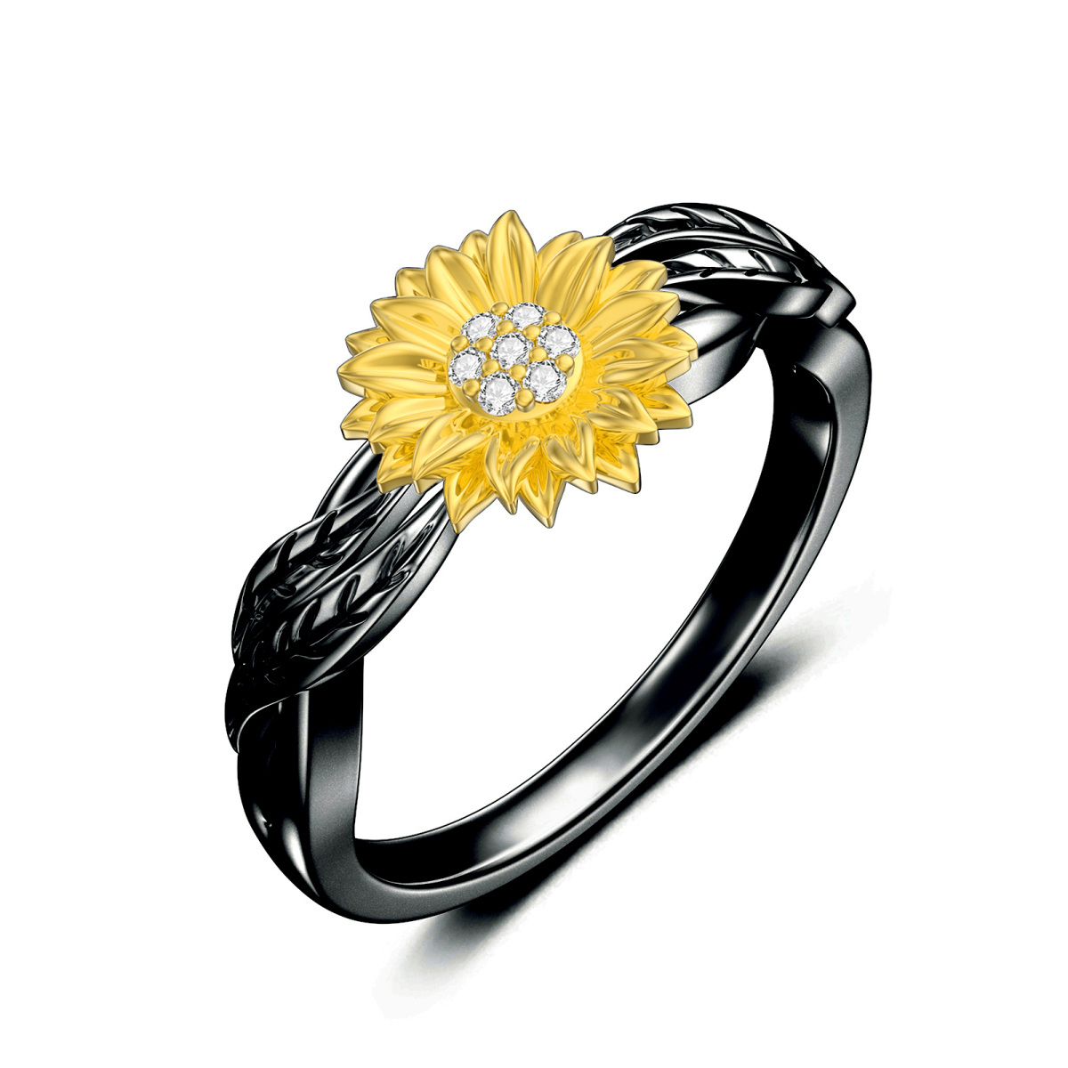 Sterling Silver Two-tone Cubic Zirconia Sunflower Ring-1