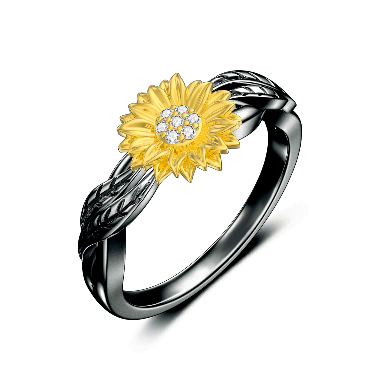 Sterling Silver Two-tone Cubic Zirconia Sunflower Ring-2