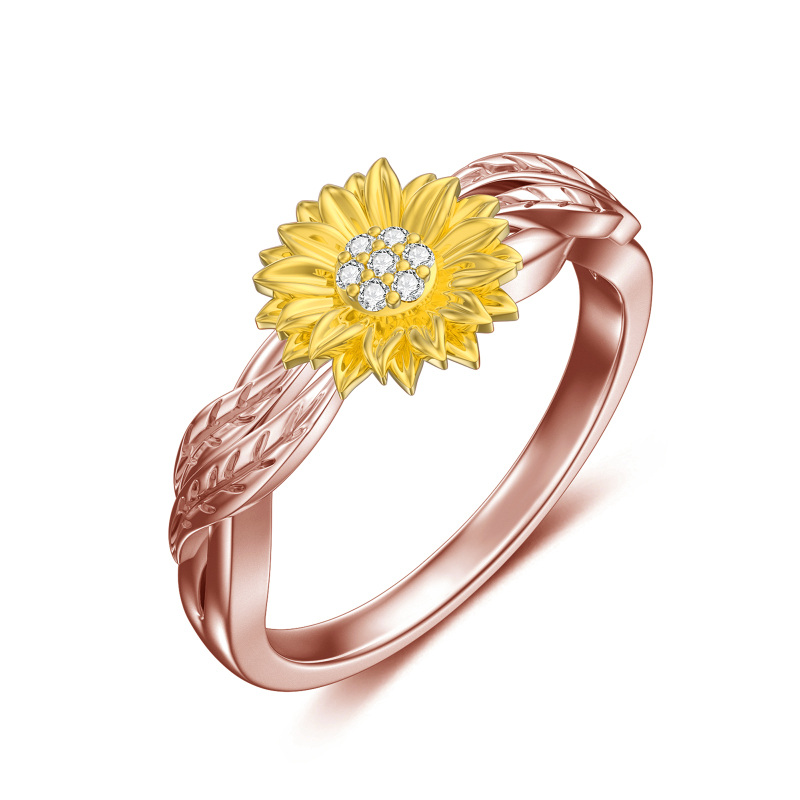 Anello in argento sterling con zirconi cubici bicolore e girasole-1