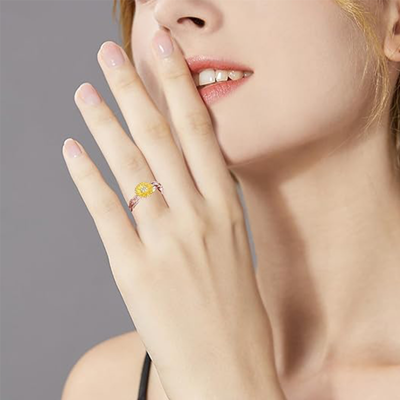 Anello in argento sterling con zirconi cubici bicolore e girasole-2