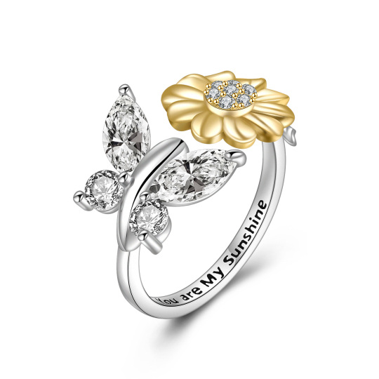 Sterling Silver Two-tone Cubic Zirconia Sunflower Ring