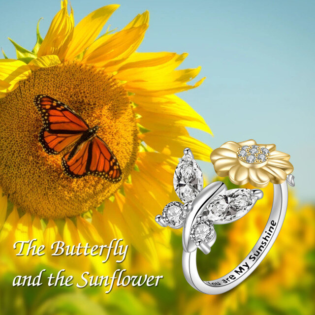 Anello con girasole in argento sterling bicolore con zirconia cubica-3