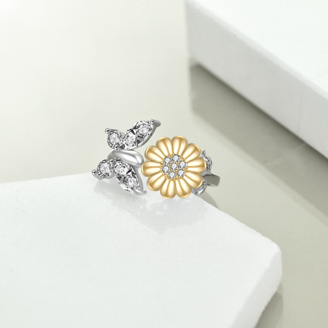 Sterling zilveren tweekleurige cubic zirconia zonnebloem ring-4