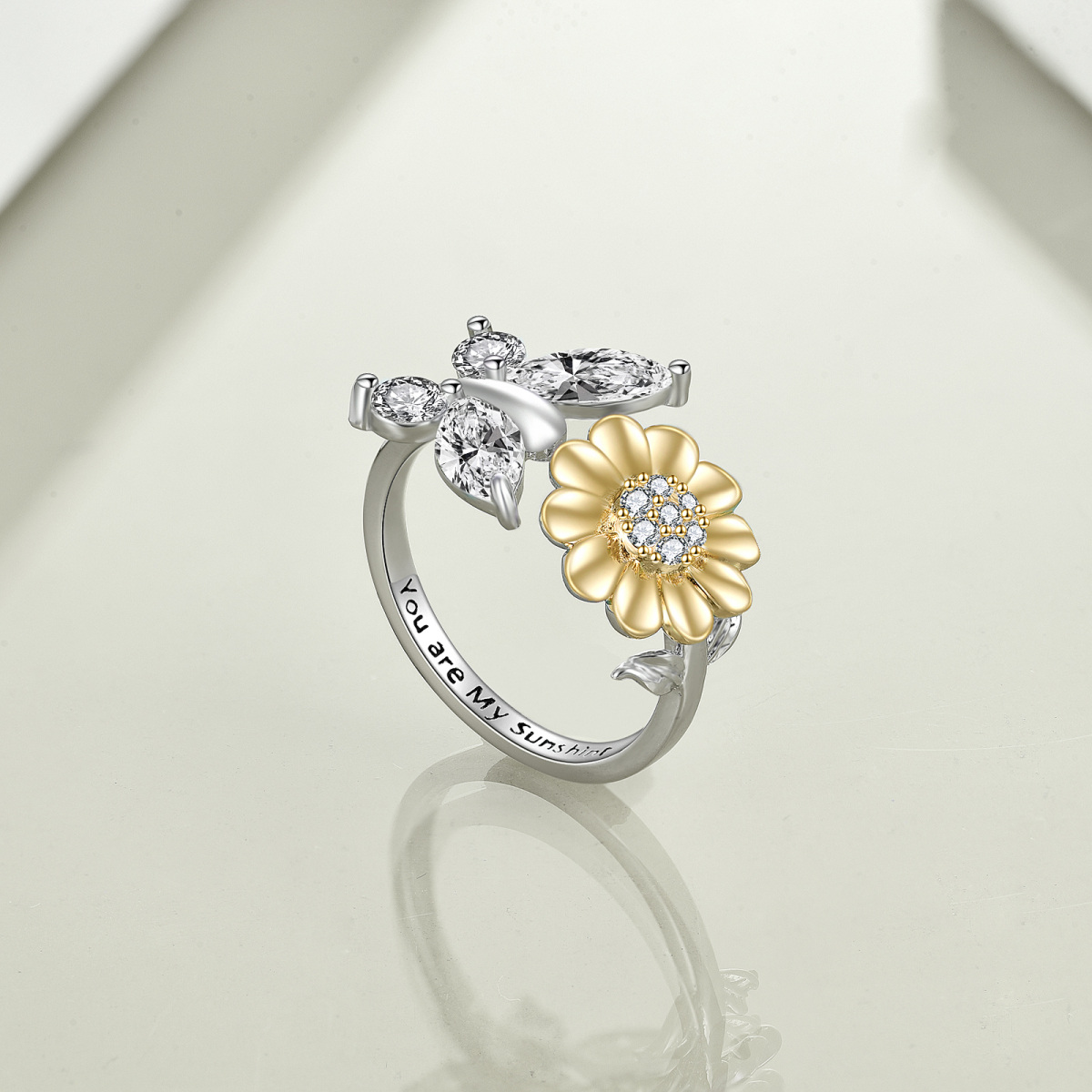 Sterling Silver Two-tone Cubic Zirconia Sunflower Ring-5