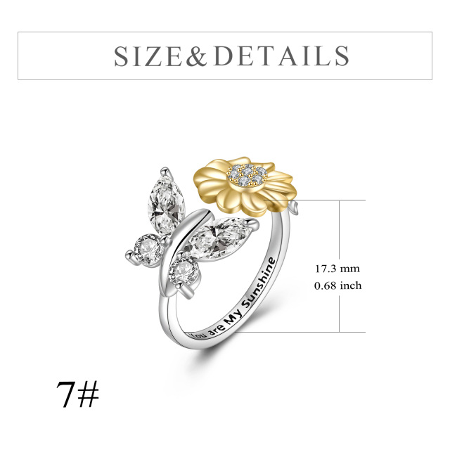 Sterling Silver Two-tone Cubic Zirconia Sunflower Ring-6