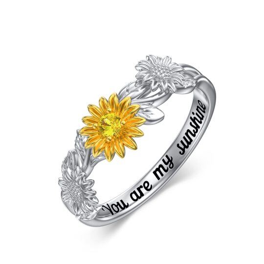 Sterling Silver Two-tone Cubic Zirconia Sunflower Ring with Engraved Word