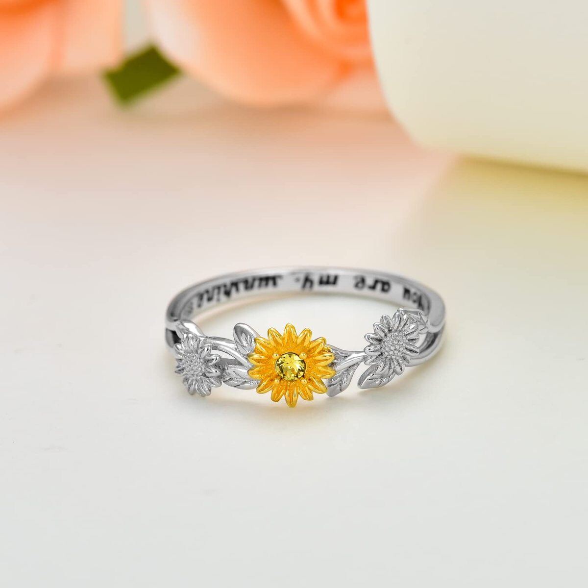 Sterling Silver Two-tone Cubic Zirconia Sunflower Ring with Engraved Word-4