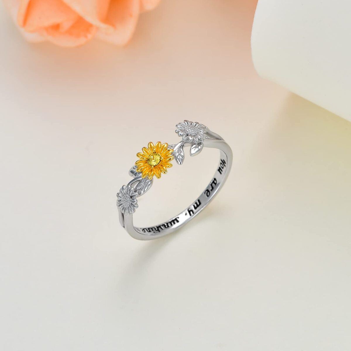 Sterling Silver Two-tone Cubic Zirconia Sunflower Ring with Engraved Word-5