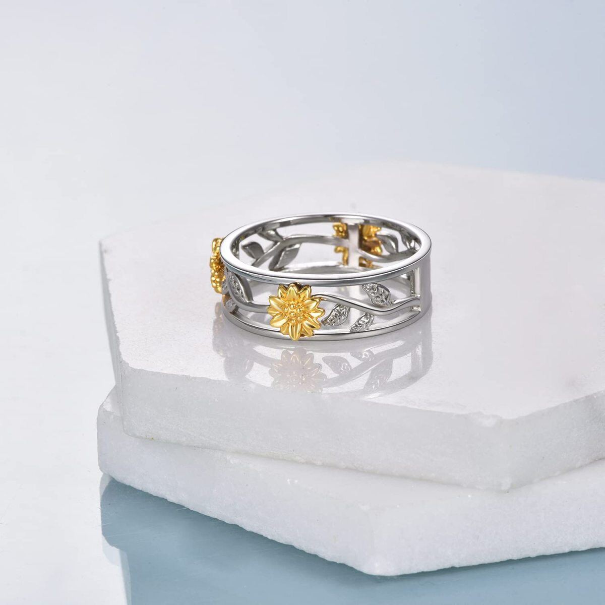 Bague tournesol en argent sterling bicolore-4