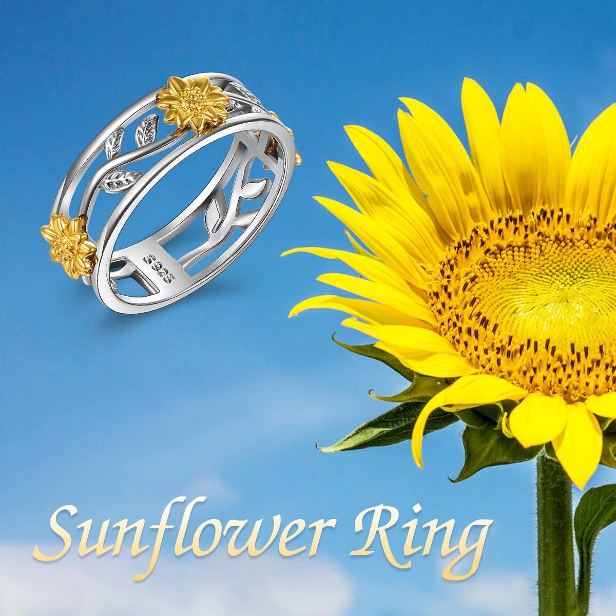 Bague tournesol en argent sterling bicolore-6