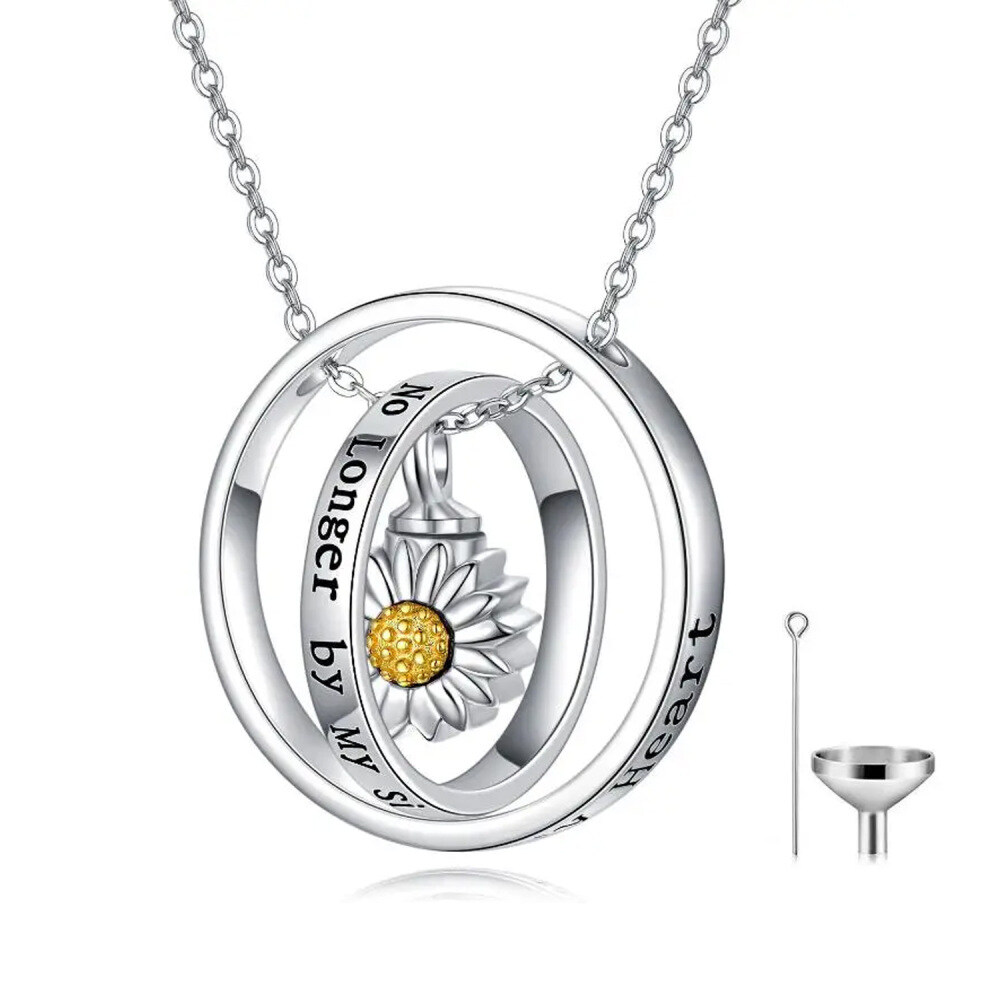 Sterling Silver Two-tone Sunflower Rotatable Circle Urn Necklace for Ashes with Engraved Word-1