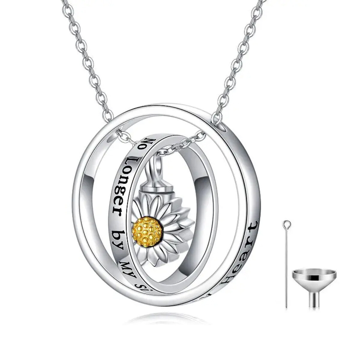 Collana con urna circolare girevole bicolore in argento sterling per ceneri con parola incisa-1