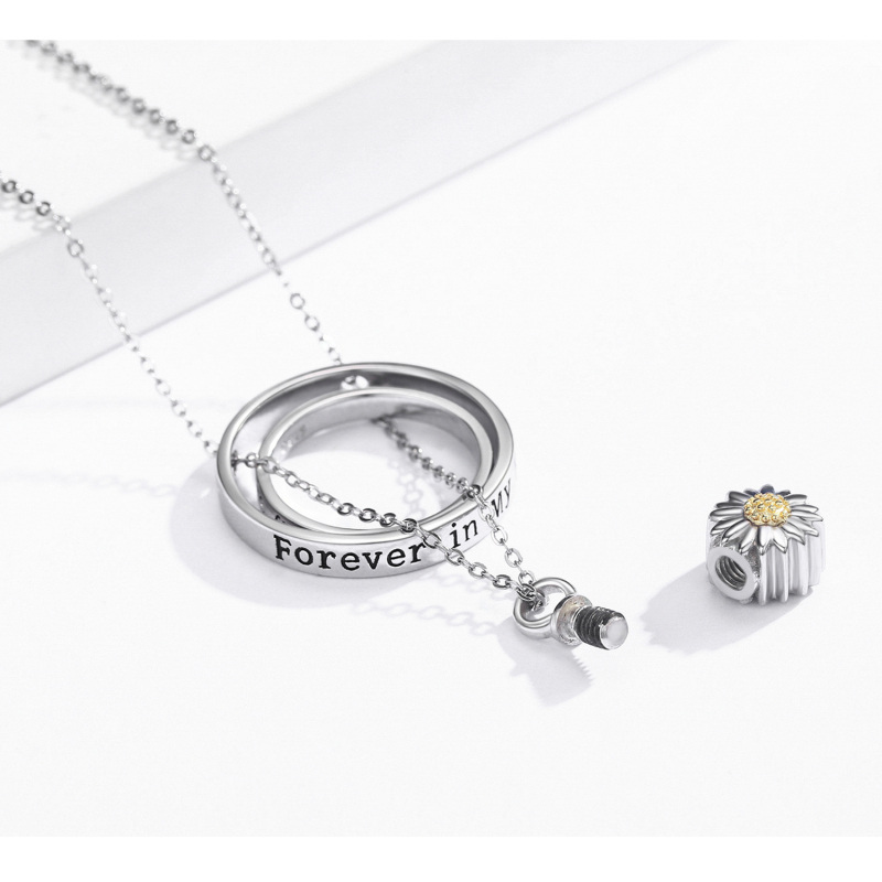 Sterling Silver Two-tone Sunflower Rotatable Circle Urn Necklace for Ashes with Engraved Word-4