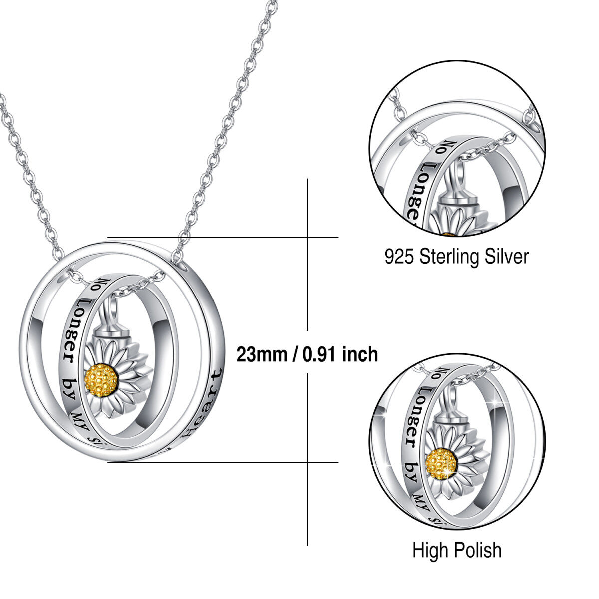 Collana con urna circolare girevole bicolore in argento sterling per ceneri con parola incisa-6