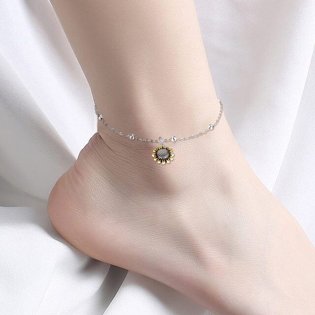 Sterling Silver Two-tone Sunflower Single Layer Anklet-4