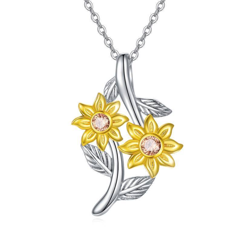 Sterling Silver Two-tone Cubic Zirconia Sunflower Sisters Pendant Necklace-1