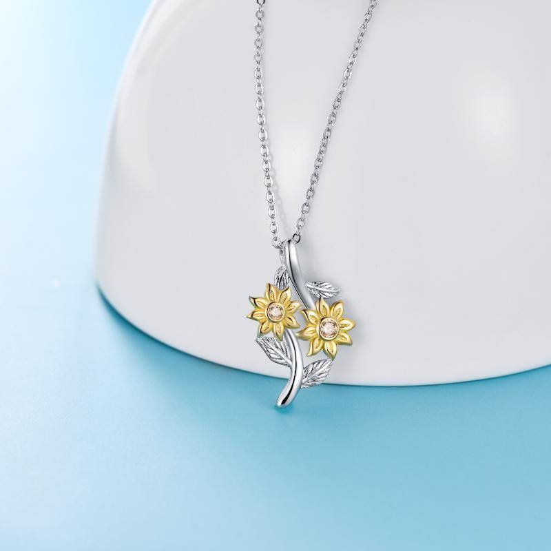 Sterling Silver Two-tone Cubic Zirconia Sunflower Sisters Pendant Necklace-3