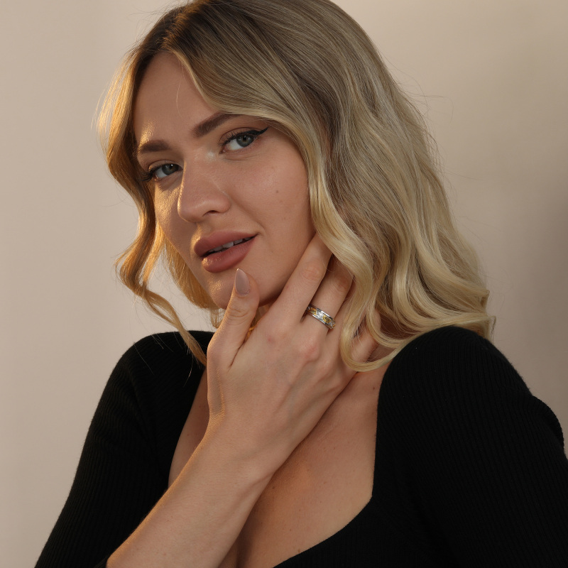 Anillo giratorio de plata de ley con diseño de girasol en dos tonos-2