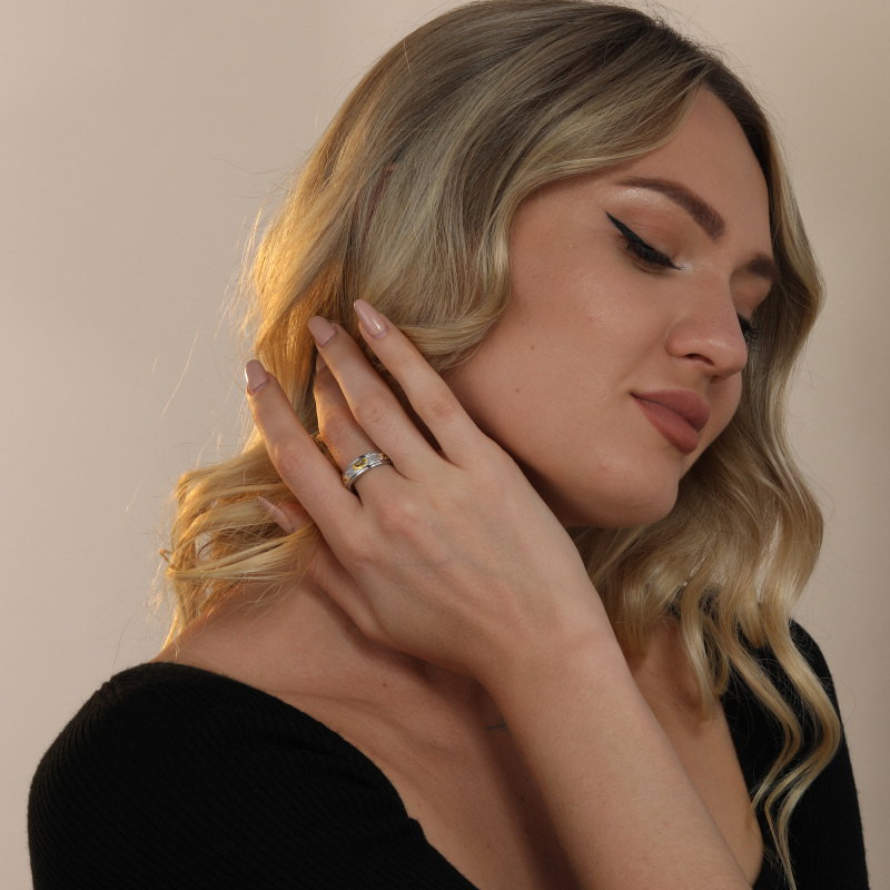 Anillo giratorio de plata de ley con diseño de girasol en dos tonos-3