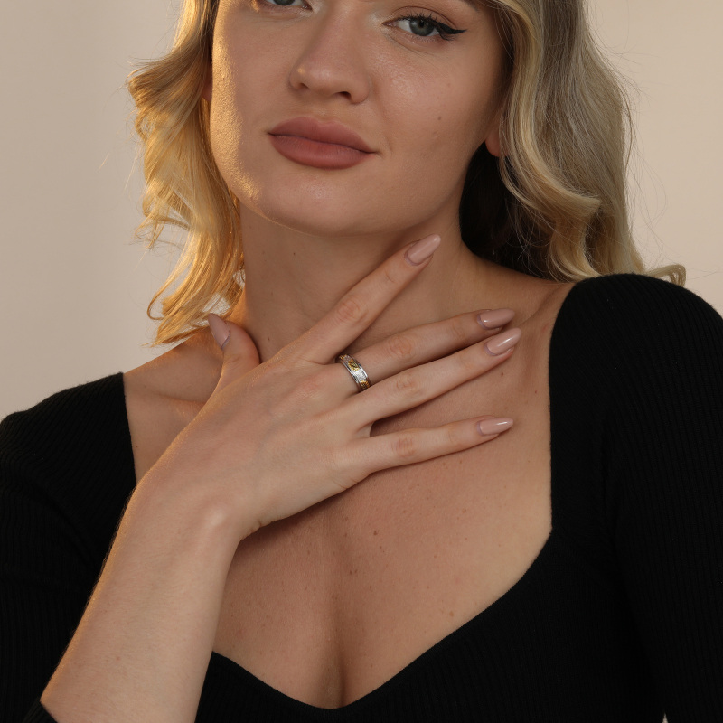 Anillo giratorio de plata de ley con diseño de girasol en dos tonos-4