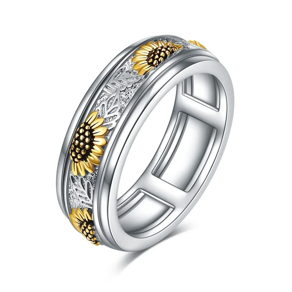 Anillo giratorio de plata de ley con diseño de girasol en dos tonos