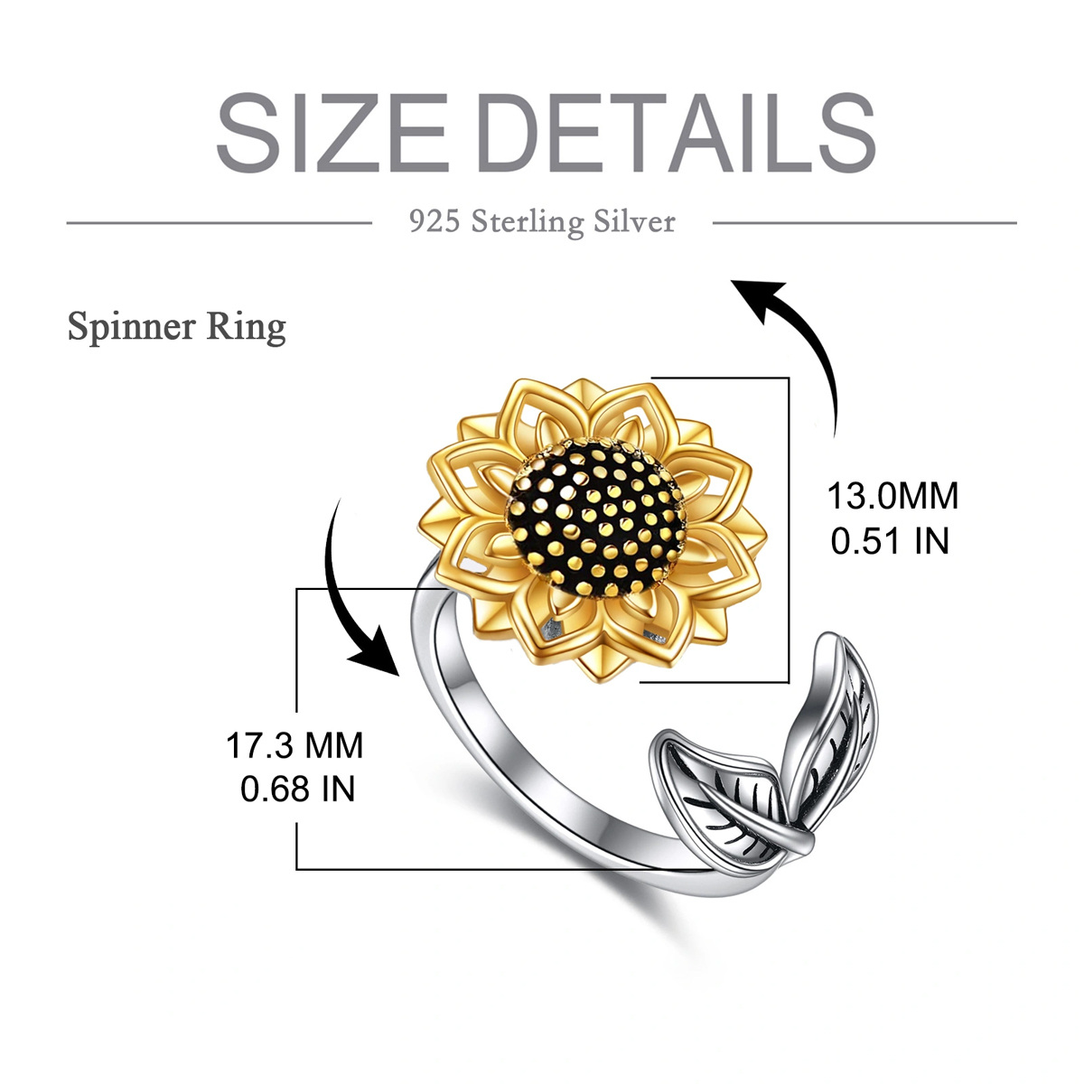 Sterling Silver Two-tone Sunflower Spinner Ring-6