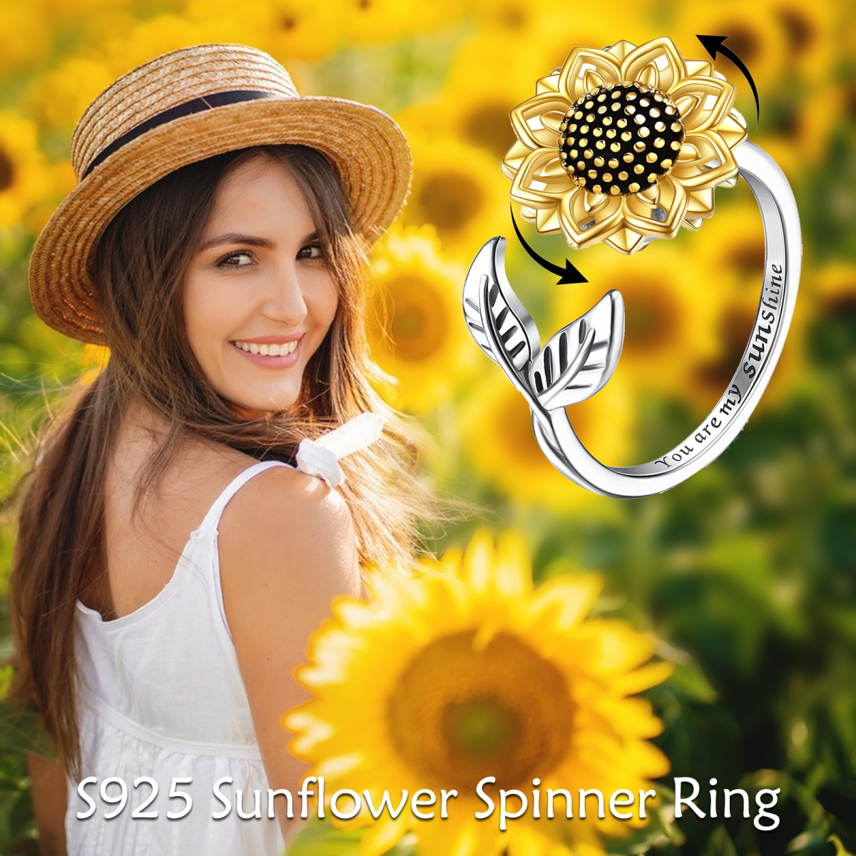 Sterling Silber zweifarbig Sonnenblume Spinner Ring-7