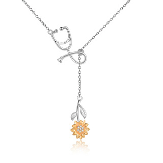 Sterling Silver Two-tone Cubic Zirconia Sunflower & Stethoscope Non-adjustable Y-Necklace-17