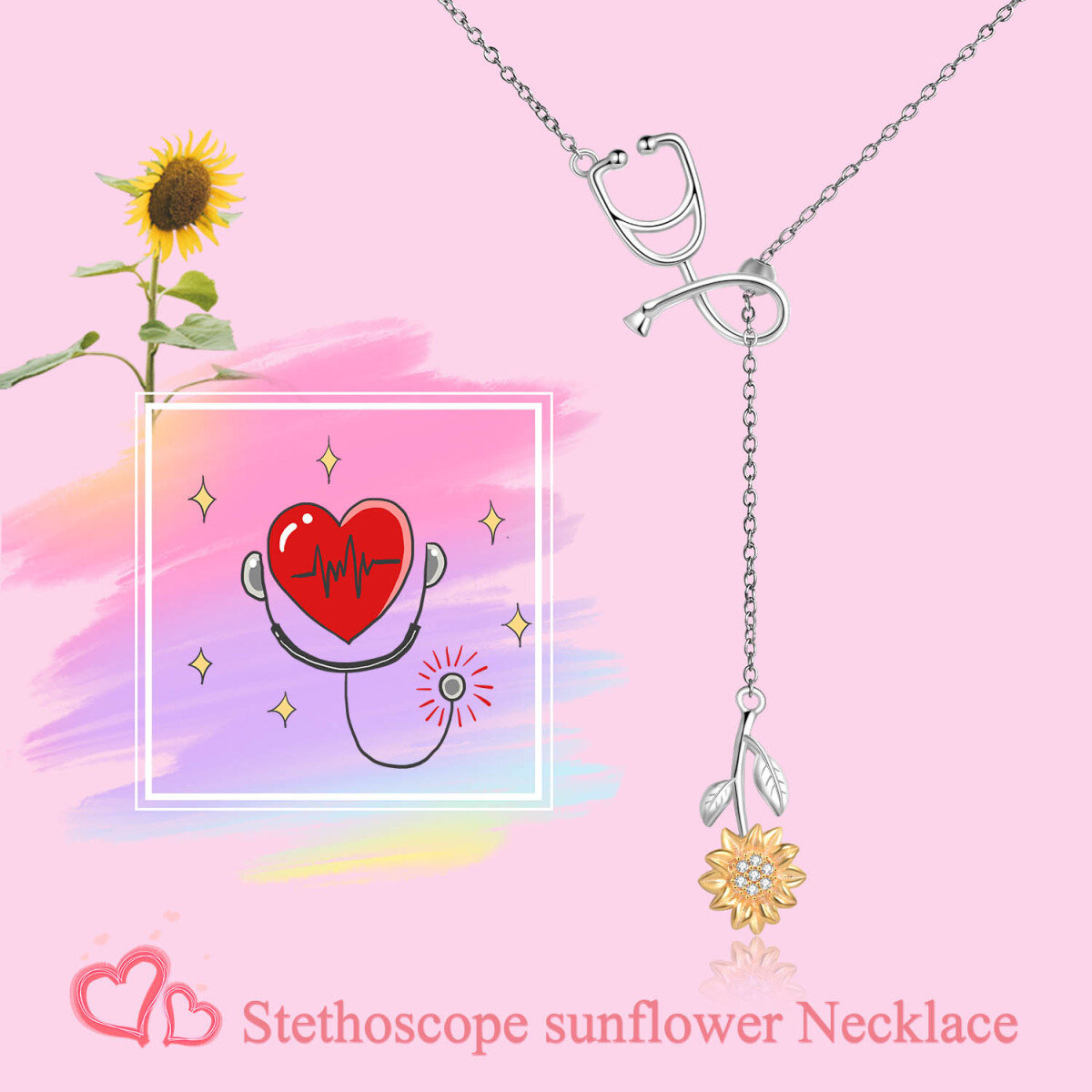 Sterling Silver Two-tone Cubic Zirconia Sunflower & Stethoscope Non-adjustable Y-Necklace-3