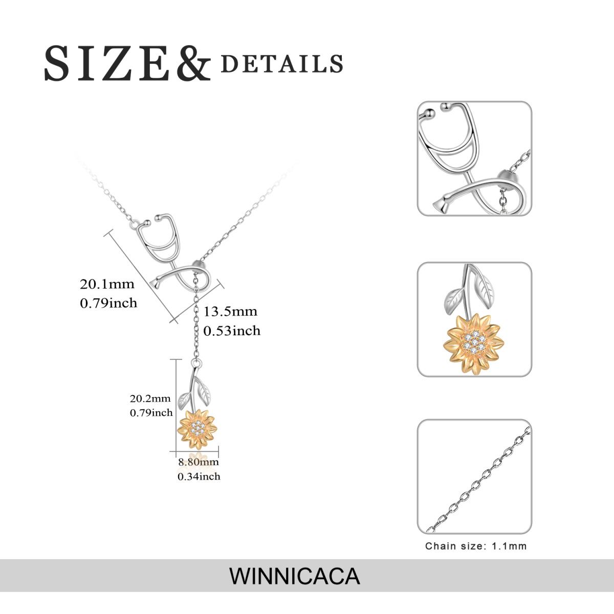 Sterling Silver Two-tone Cubic Zirconia Sunflower & Stethoscope Non-adjustable Y-Necklace-6