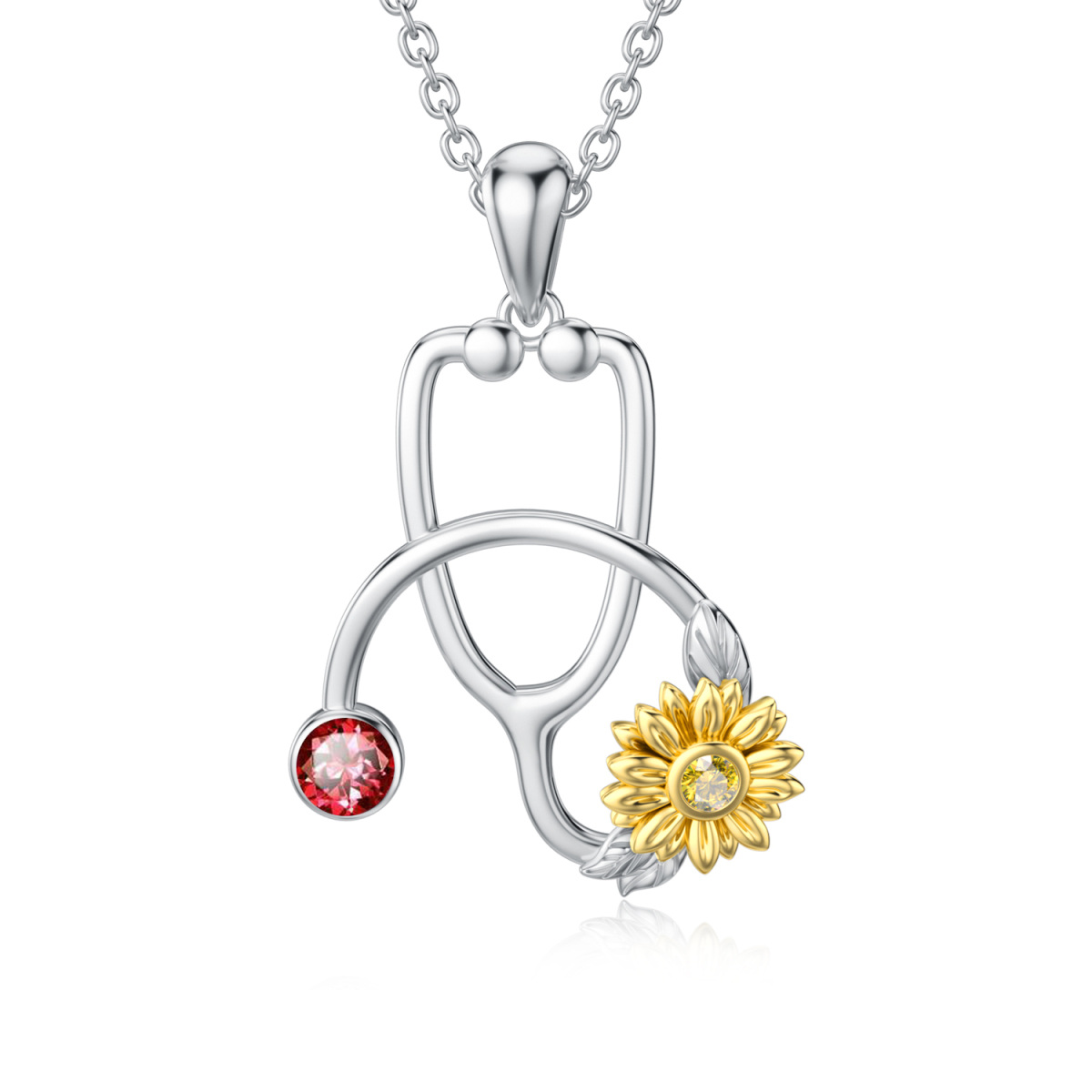 Collana in argento sterling con girasole e stetoscopio in zirconia cubica bicolore-1