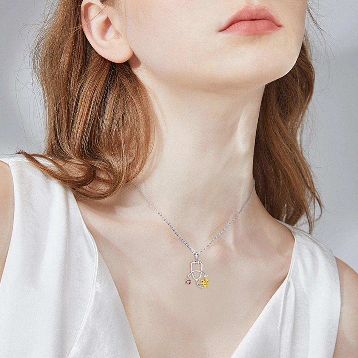 Collana in argento sterling con girasole e stetoscopio in zirconia cubica bicolore-2