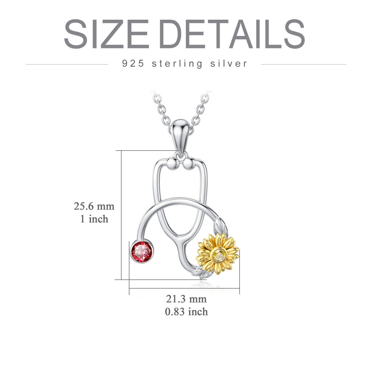 Sterling Silver Two-tone Cubic Zirconia Sunflower & Stethoscope Pendant Necklace-3