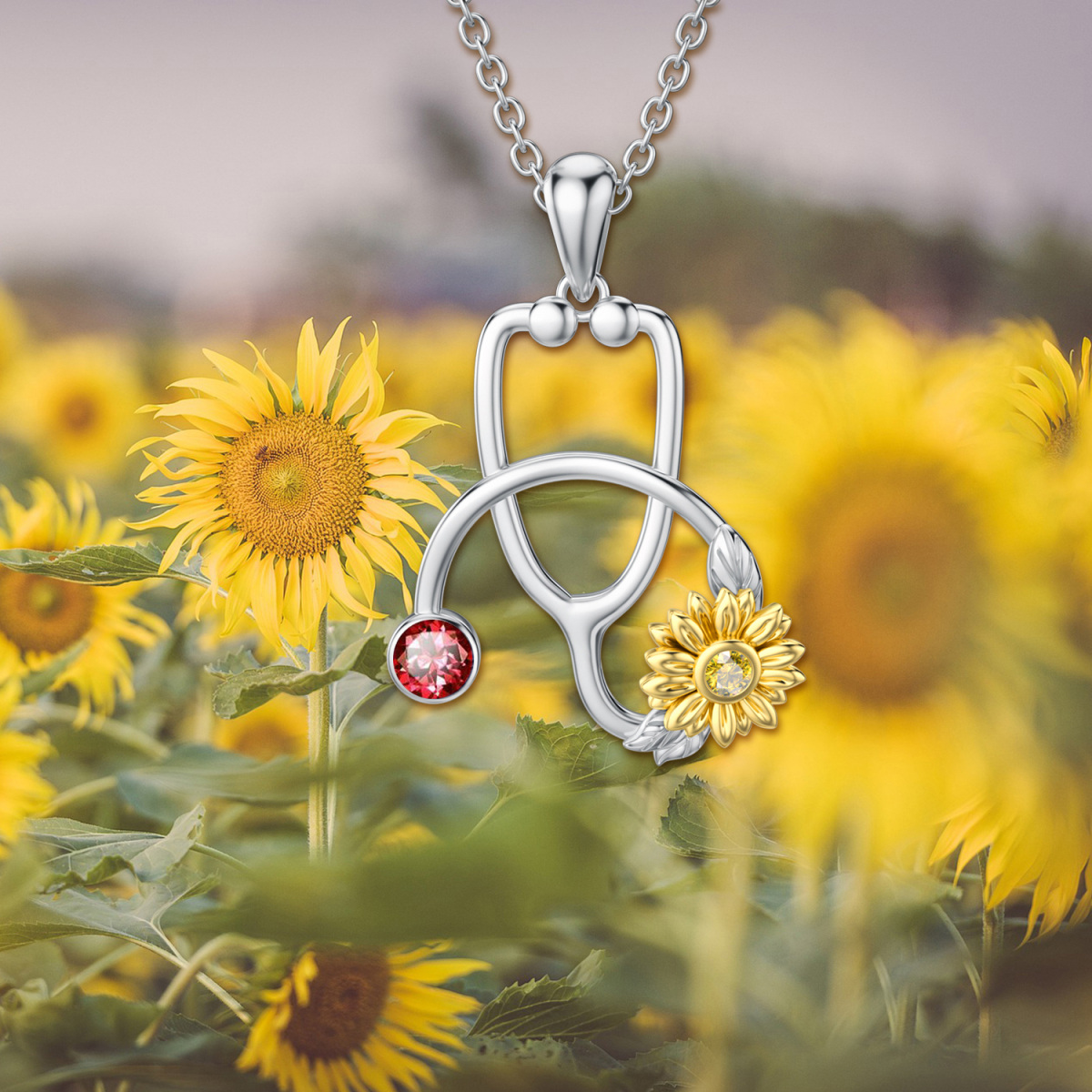 Collana in argento sterling con girasole e stetoscopio in zirconia cubica bicolore-4