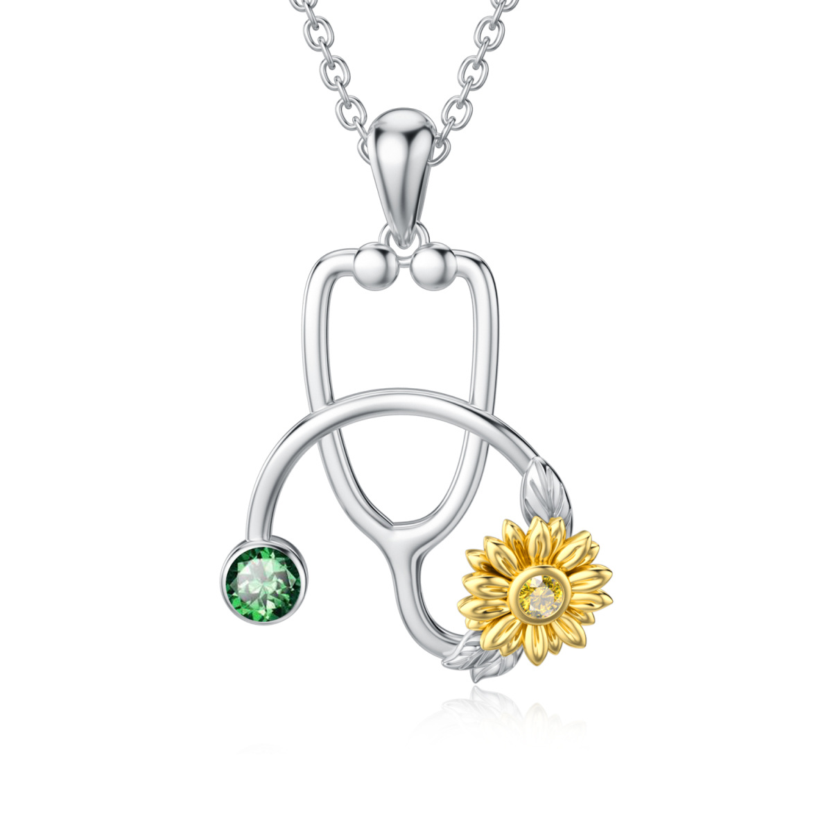 Sterling Silver Two-tone Emerald Cubic Zirconia Sunflower & Stethoscope Pendant Necklace-1