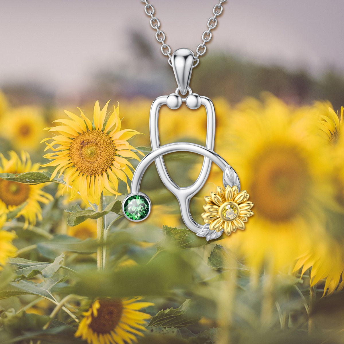 Sterling Silver Two-tone Emerald Cubic Zirconia Sunflower & Stethoscope Pendant Necklace-4