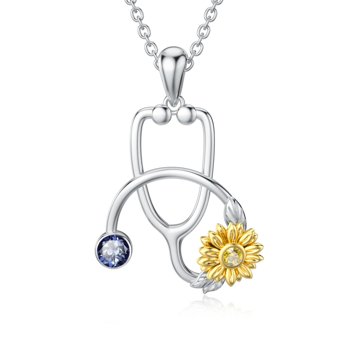 Sterling Silver Two-tone Aquamarine Cubic Zirconia Sunflower Stethoscope Pendant Necklace-1