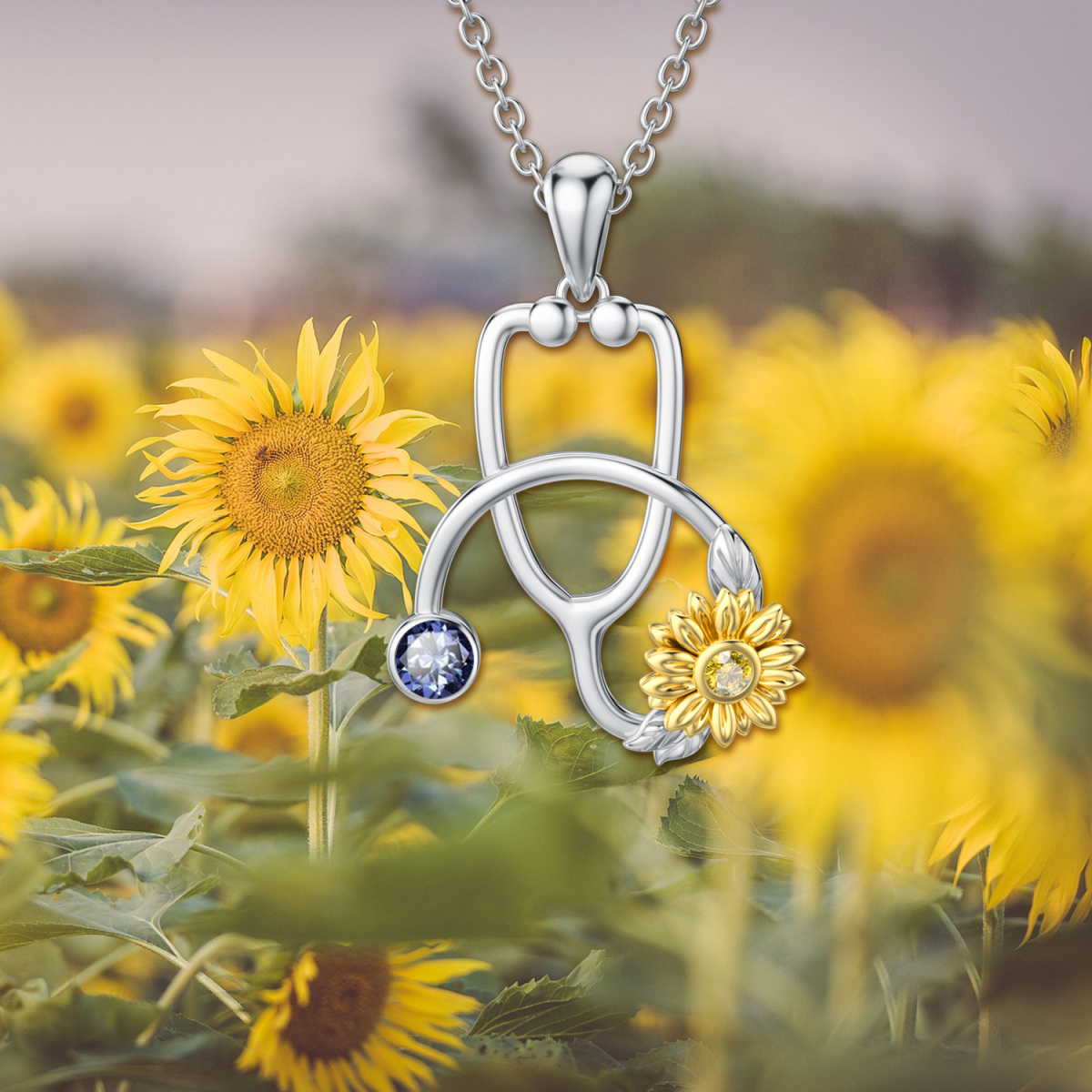 Sterling Silver Two-tone Aquamarine Cubic Zirconia Sunflower Stethoscope Pendant Necklace-4