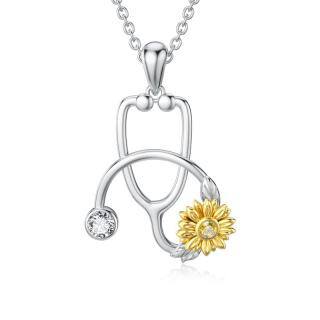 Sterling Silver Two-tone Clear Cubic Zirconia Sunflower & Stethoscope Pendant Necklace-5