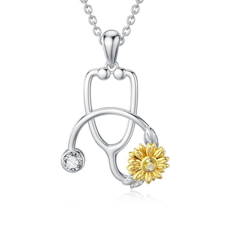 Sterling Silver Two-tone Clear Cubic Zirconia Sunflower & Stethoscope Pendant Necklace-1