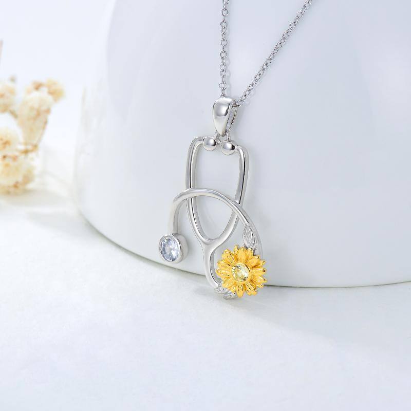 Sterling Silver Two-tone Clear Cubic Zirconia Sunflower & Stethoscope Pendant Necklace-3
