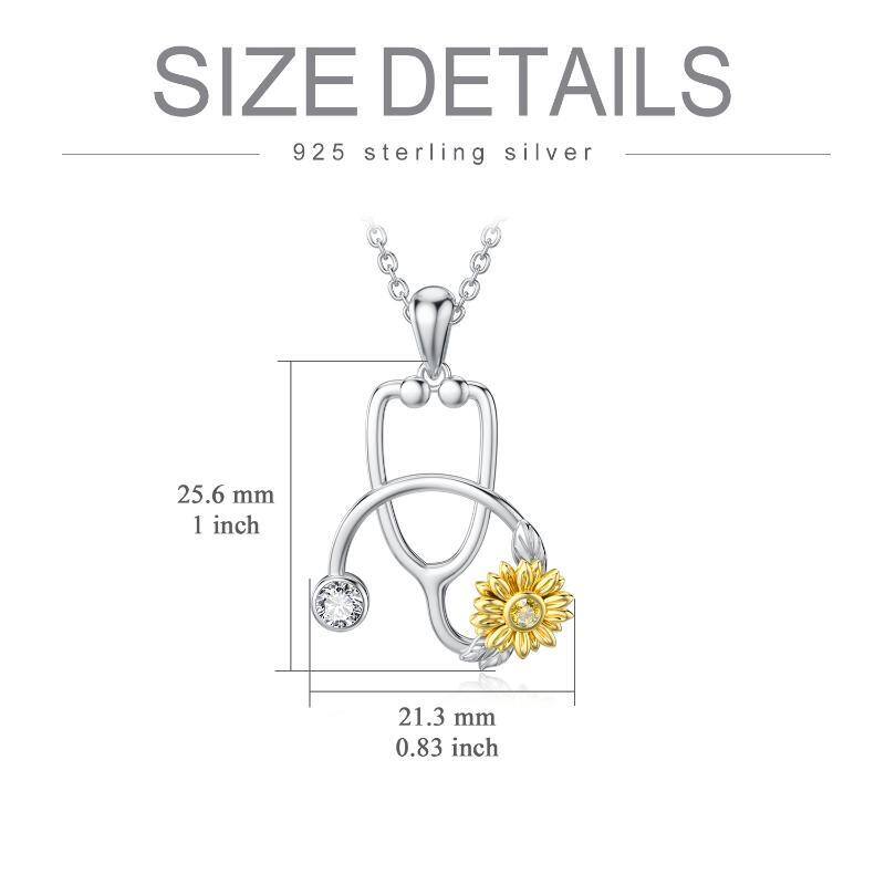 Sterling Silver Two-tone Clear Cubic Zirconia Sunflower & Stethoscope Pendant Necklace-4