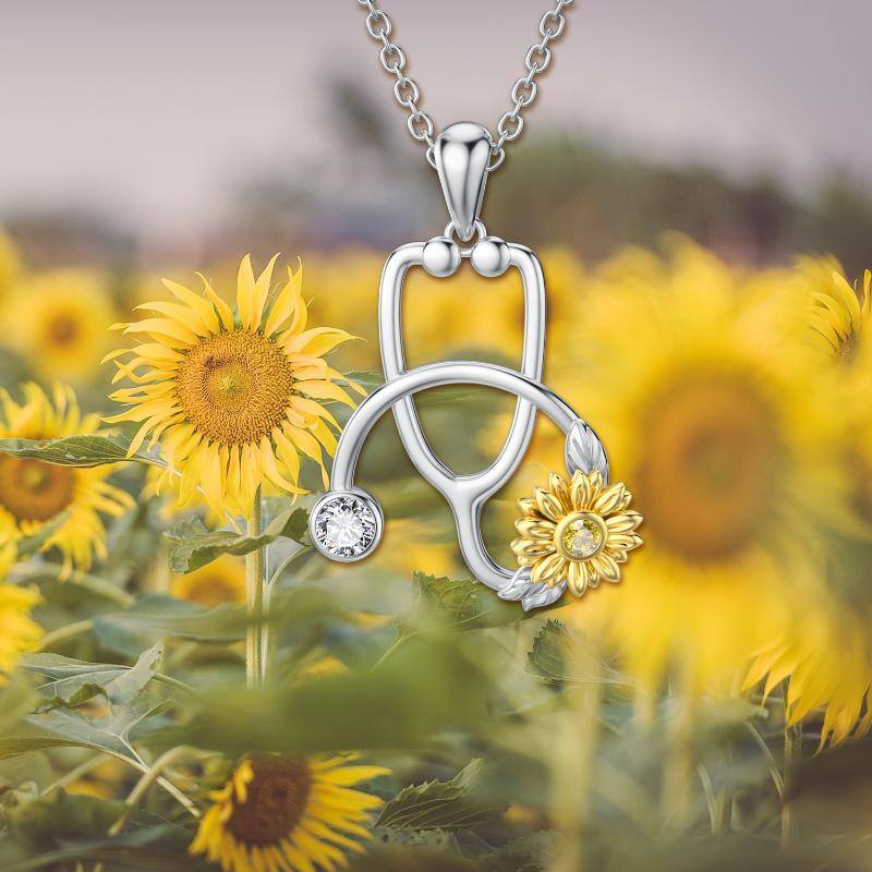 Sterling Silver Two-tone Clear Cubic Zirconia Sunflower & Stethoscope Pendant Necklace-6