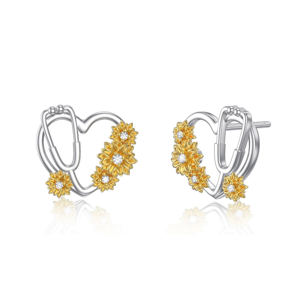 Boucles d'oreilles tournesol et stéthoscope en argent sterling bicolore à zircon cubique-1