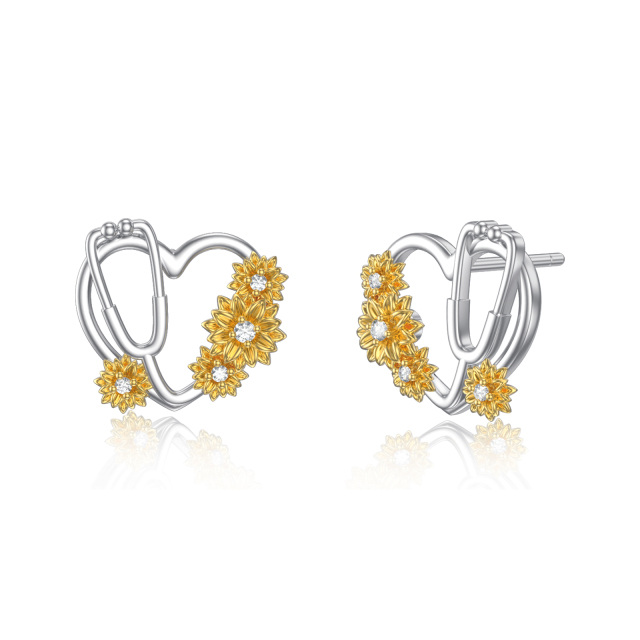 Boucles d'oreilles tournesol et stéthoscope en argent sterling bicolore à zircon cubique