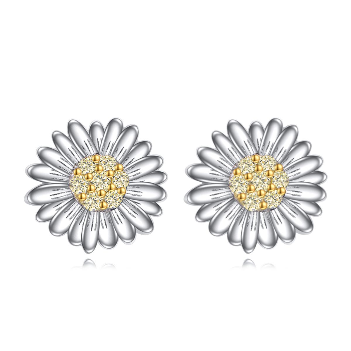 Sterling Silver Two-tone Cubic Zirconia Sunflower Stud Earrings-1