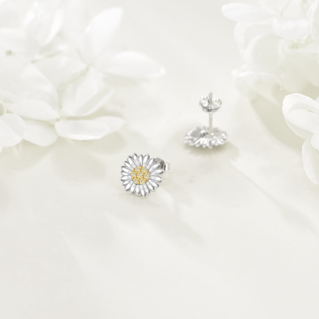 Sterling Silver Two-tone Cubic Zirconia Sunflower Stud Earrings-3