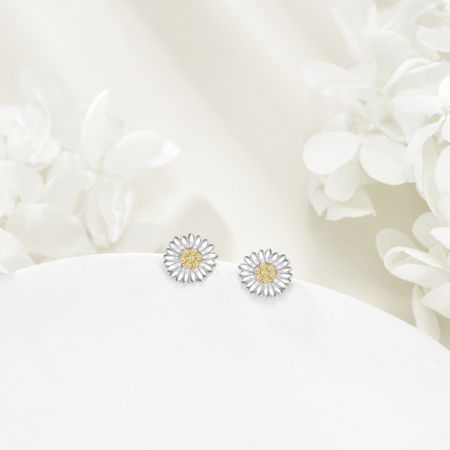 Sterling Silver Two-tone Cubic Zirconia Sunflower Stud Earrings-4